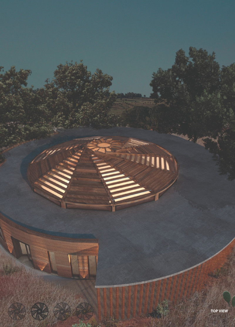 Spiraling Community Hub With Rammed Earth Walls and Gabion Retaining Features  