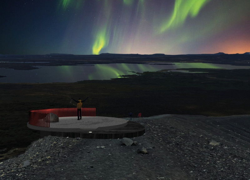 Circular Viewing Platform Crafted from Weather-Resistant Concrete and Timber Overlooking the Northern Lights  