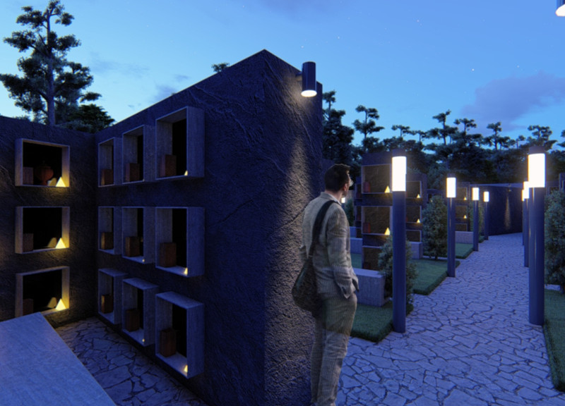 Serene Columbarium Emphasizing Local Stone and Reinforced Concrete in a Natural Landscape