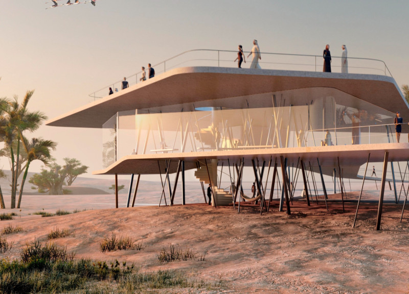 Elevated Structure with Panoramic Glass Facades and Composite Materials for Ecological Education  