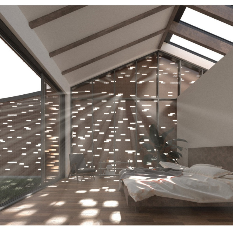 Dappled Light Effects Enhanced by Textured Brick and Transparent Glass in Community-Focused Residential Living