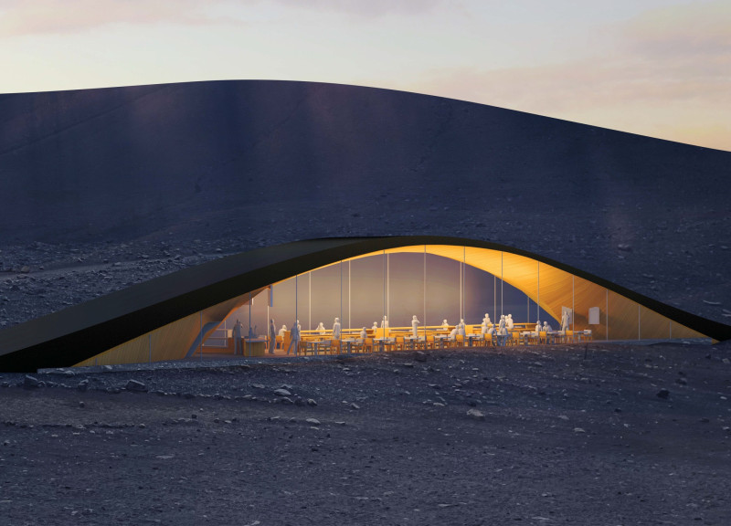 Recycled Concrete and Glass Structure Seamlessly Integrates into Volcanic Landscape for Community Engagement  