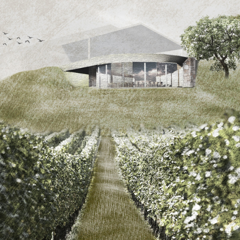 Circular Tasting Pavilion Embracing Rough Stone and Glass Amidst Vineyard Views  