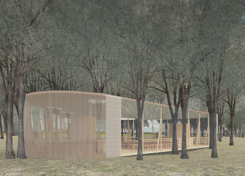 Suspended Roof Structure Crafted From Plywood Nestled Among Existing Trees