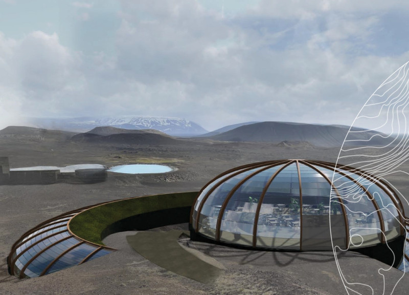 Turf Roof And Glass Dome Crafted With Volcanic Stone And Cross-Laminated Timber For Sustainable Community Living