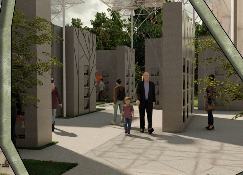 Crystalline Steel and Ferro-Concrete Blend in a Serene Memorial Space for Reflection  