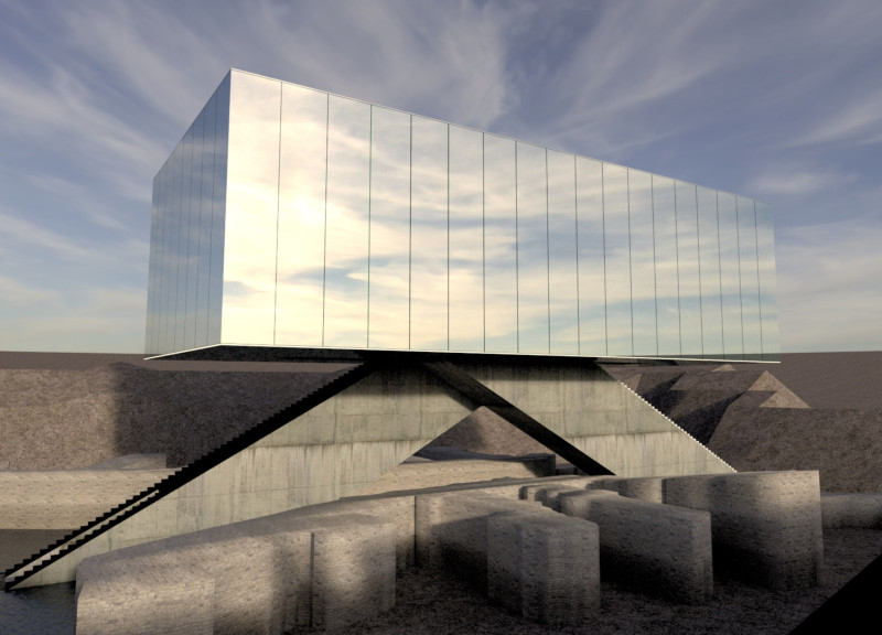 Reflective Pool and Glass Facade Bridge Constructed in Reinforced Concrete Amidst Archaeological Context  