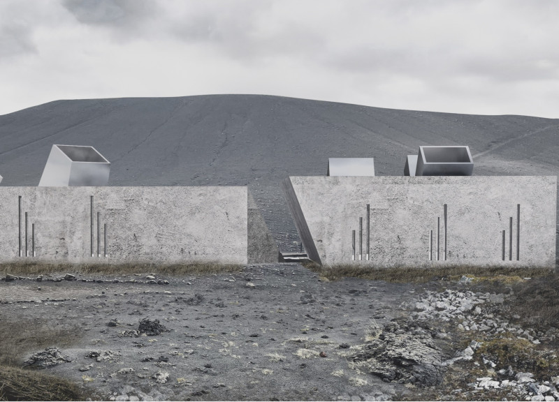 Volcanic Ash Concrete and Sloping Facades Form a Community Hub Amidst Natural Landscape
