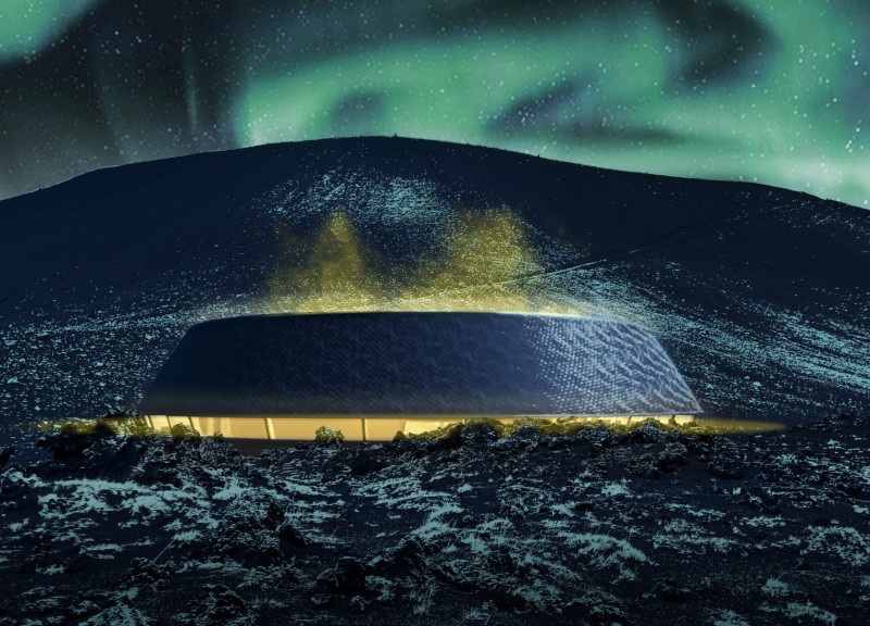 Spiral Café Crafted from Volcanic Stone and Expansive Glass in Iceland's Rugged Landscape