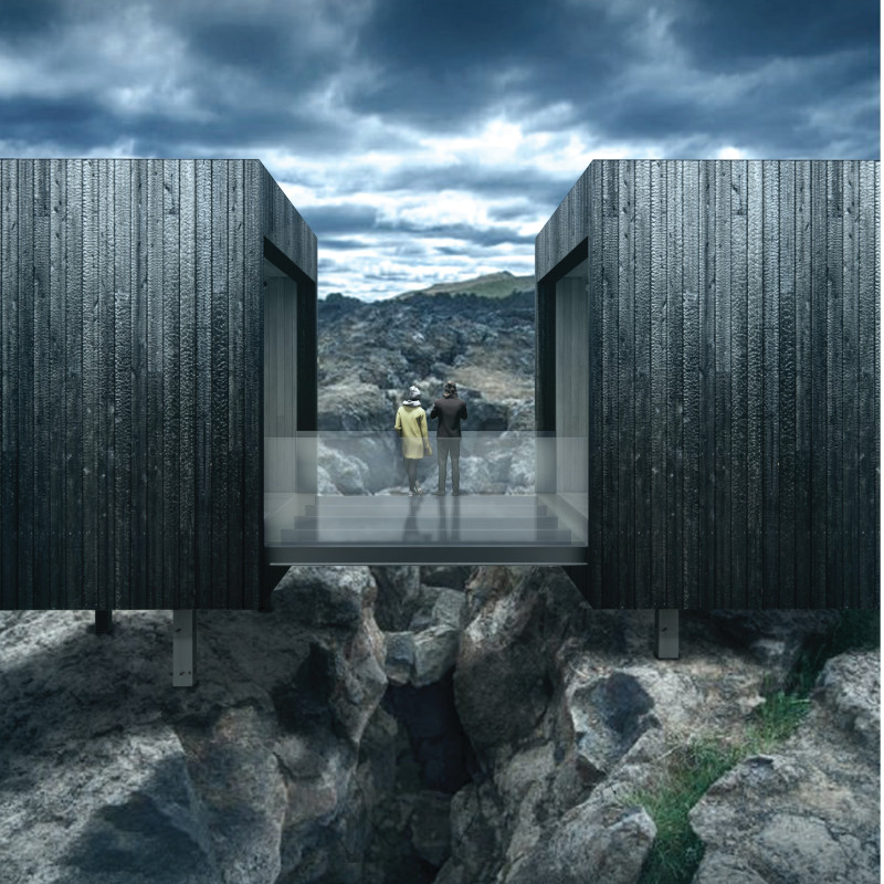 Charred Cedar and Glass Bridge Enhancing Geological Engagement in Icelandic Landscape  