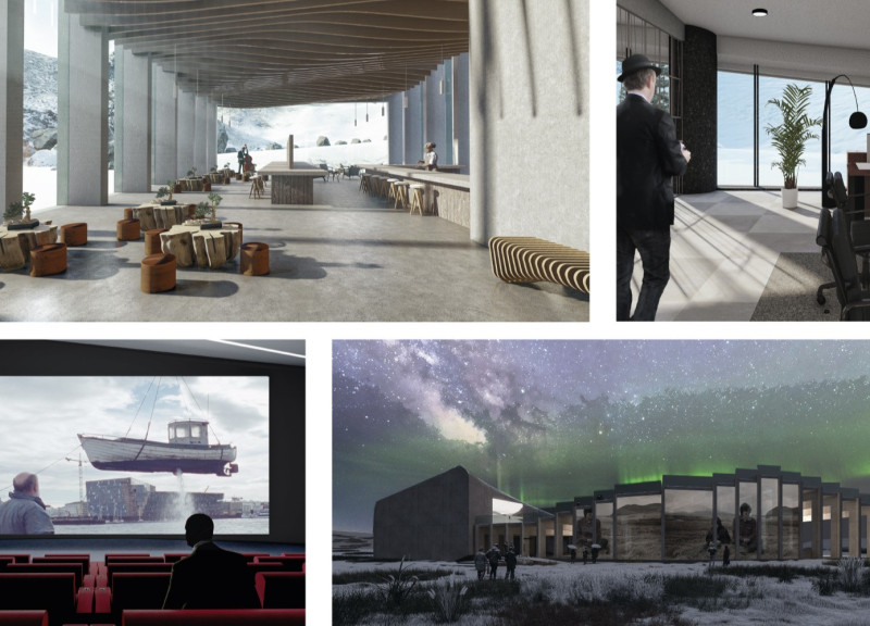 Natural Light and Grass Roof Blend in Community Cinema with Concrete Structure  
