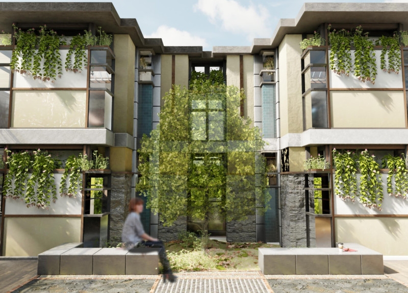 Vertical Gardens and Glass Facades in a Sustainable Community Hub with Natural Stone Elements