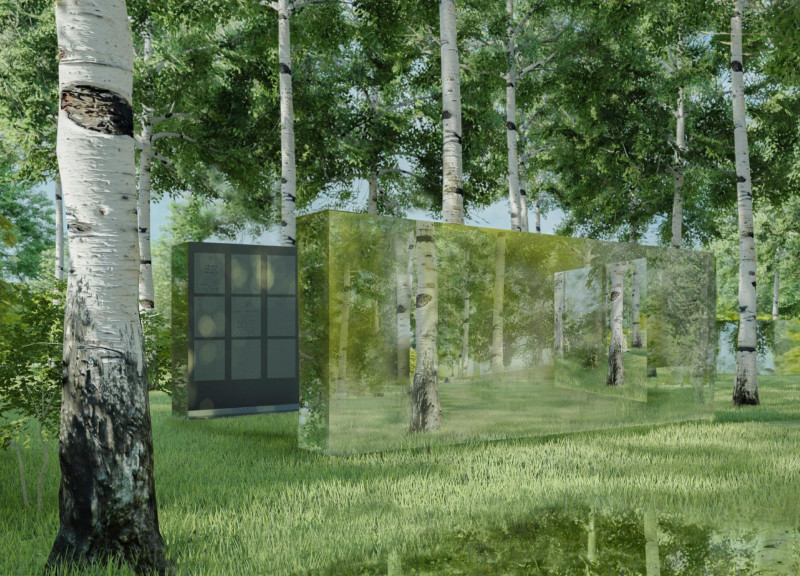 Mirrored Steel and Black Marble Installation Embracing Nature's Reflection in a Latvian Forest