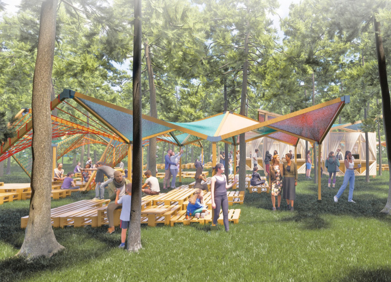 Sustainable Pavilion Featuring Vibrant Oxford Fabric and Reused Timber for Community Gatherings  