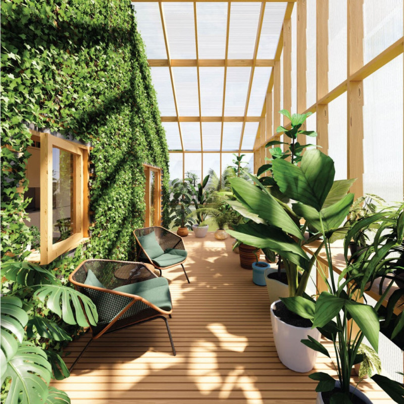 Polycarbonate Greenhouse Porch with Sustainable Plywood Framing for Versatile Urban Living