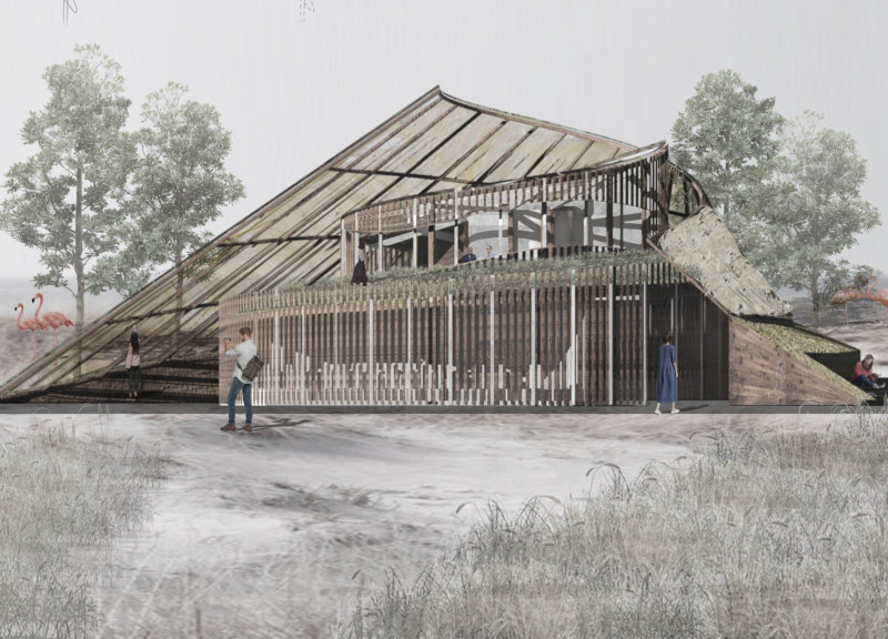 Timber-Clad Structure With Undulating Form Overlooking Wetlands for Wildlife Observation