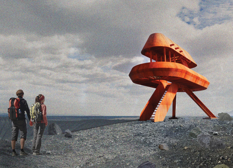 Corten Steel Spiral Lookout Integrating Volcanic Landscape and Concrete Foundations
