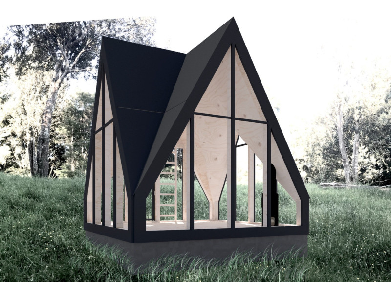 Asymmetrical Roof and Laminated Wood Panels Define a Tranquil Forest Retreat  