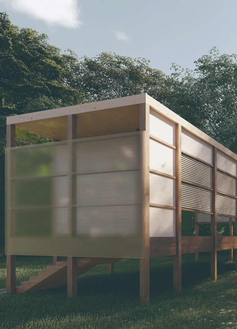 Translucent Skylights and Floating Forms in a Serene Meditation Space Crafted from Wood  