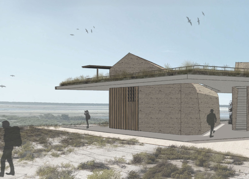 Visitor Center Featuring Sustainable Clay Bricks and Recycled Timber in a Harmonious Wetland Setting  
