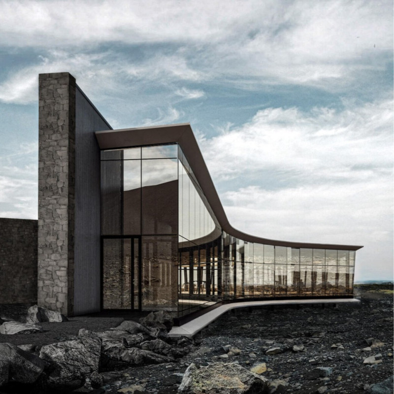 Curved Structure of Exposed Concrete and Local Stone Envelops a Scenic Café Along Volcano Trails