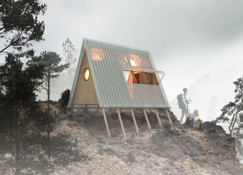 Elevated A-Frame Retreat Utilizing PVC and Cork for Sustainable Mountain Living