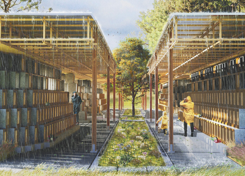 Curved Concrete Pathways and Transparent Glass Connect Modular Timber Memorials with Nature  