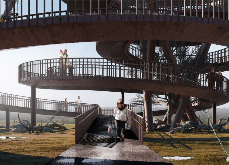 Corten Steel Observation Tower Embracing Nature Through Spiral Design and Accessible Features