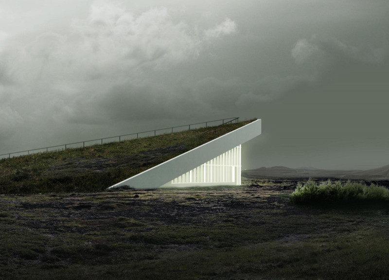 Geothermal Pavilion With Textured Concrete and Triangular Form Embracing Natural Landscape
