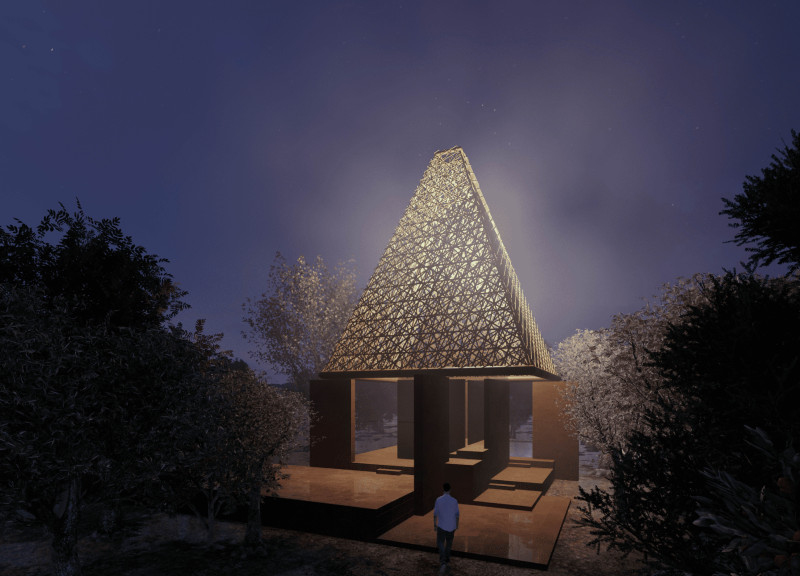 Bamboo Canopy Over Yellow Sandstone Oasis in Themed Garden Retreat  