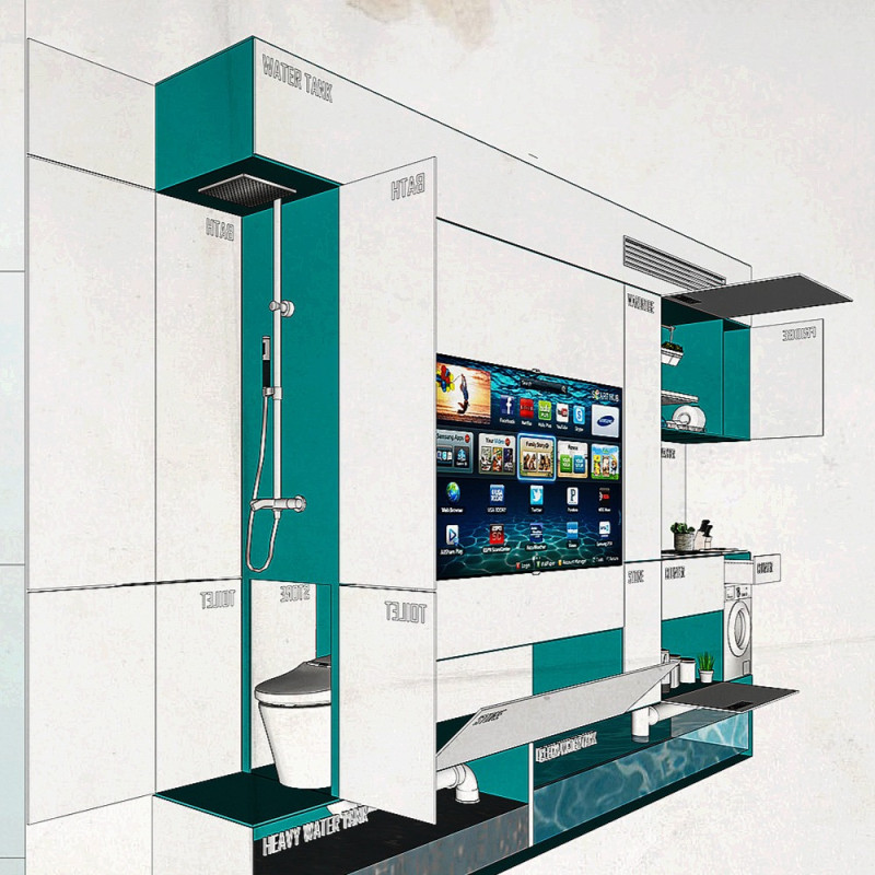 Multifunctional Living Within A High-Gloss Teal Wall Structure Using Laminated Wood Elements