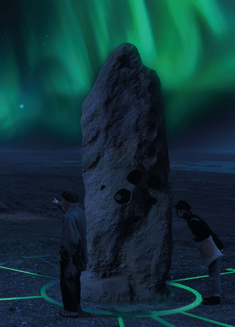 Basalt Monolith With Engraved Symbols Inspired by Nordic Mythology in a Landscape Installation
