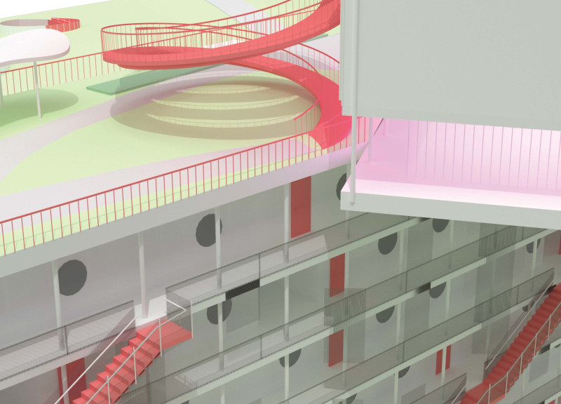 Elevated Urban Farming Integrated with Modular Living Spaces Featuring Sustainable Concrete and Glass Elements