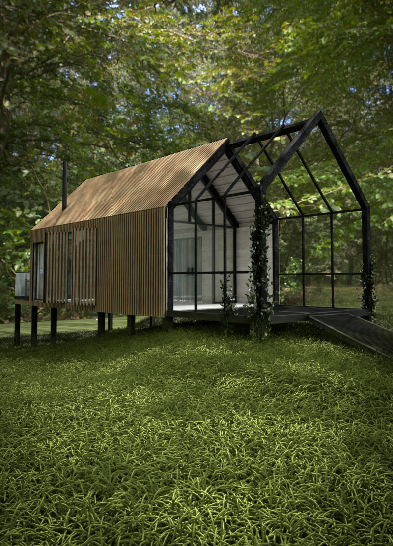 Biophilic Retreat With Steel Mesh Facade and Large Glazing Integration  