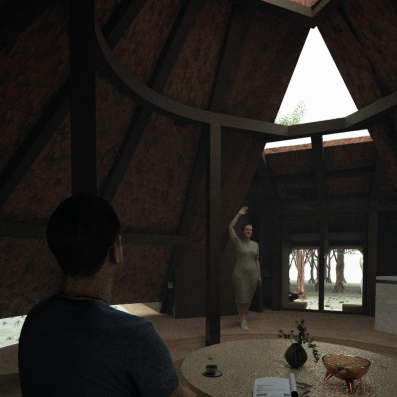 Thatch Roof Structure Enveloping Circular Living Spaces with Natural Bamboo Accents