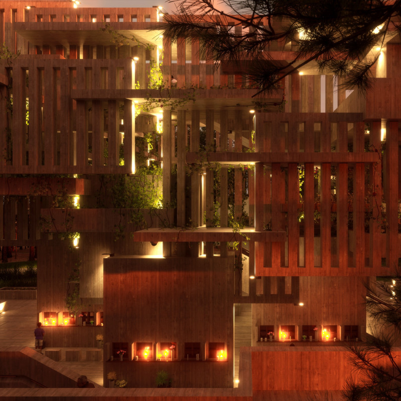 Charred Wooden Shingles and Cross-Laminated Timber Panels Define A Community Space Emphasizing Sustainability