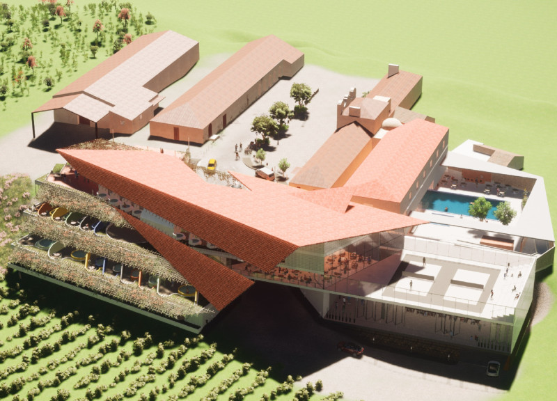 Terraced Balconies Framed by Clay Tiles and Expansive Glass in a Vineyard Setting