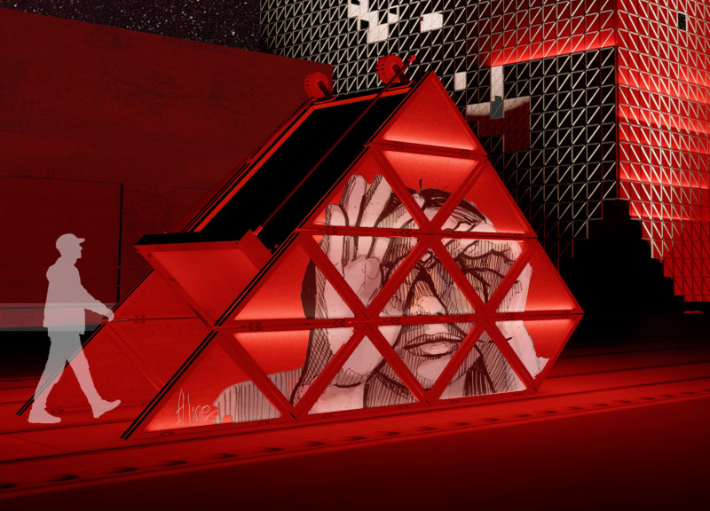 Pyramid Structure Featuring Recycled Metal and Transparent Façade in Urban Nightlife Hub