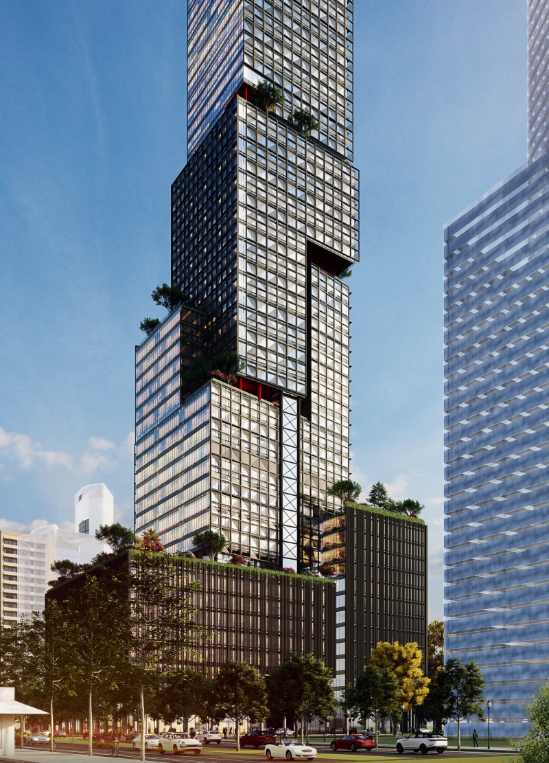 Perforated Aluminum Façade and Vertical Green Terraces in a Multi-Functional Urban Structure