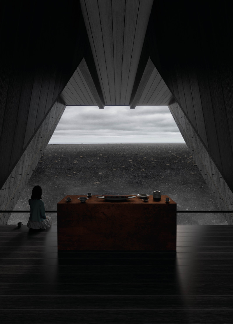 Visitor center designed with coated pine wood and modular walkways nestled in Iceland's rugged landscape