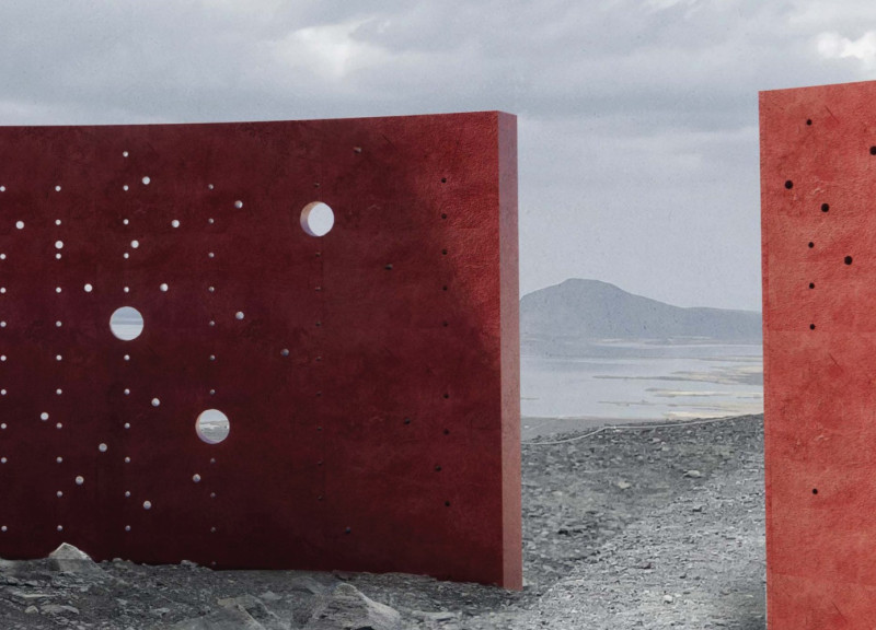 Curvilinear Red Concrete Structure Offering Scenic Geological Engagement