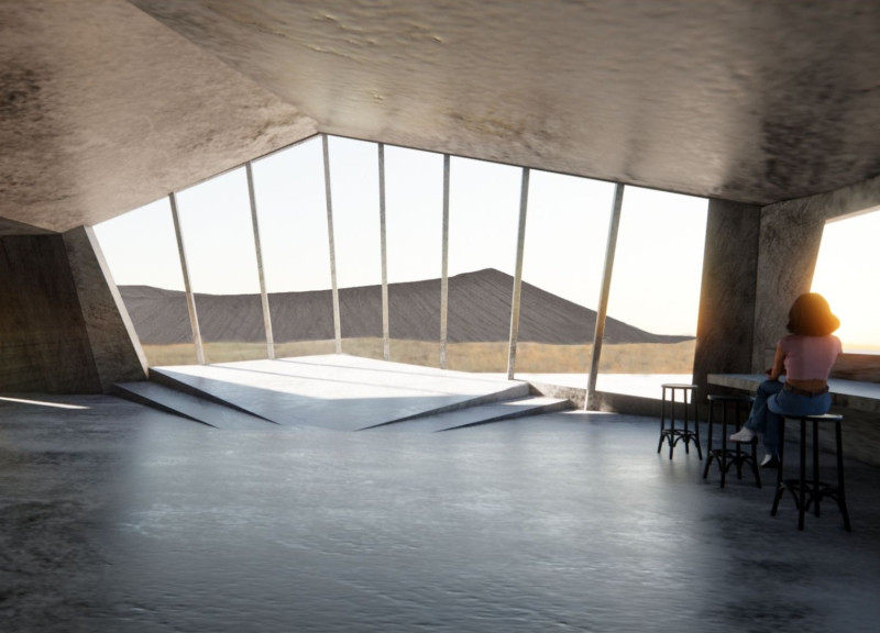 Turf-Covered Structure Framing Volcanic Views with Concrete and Glass Integration  