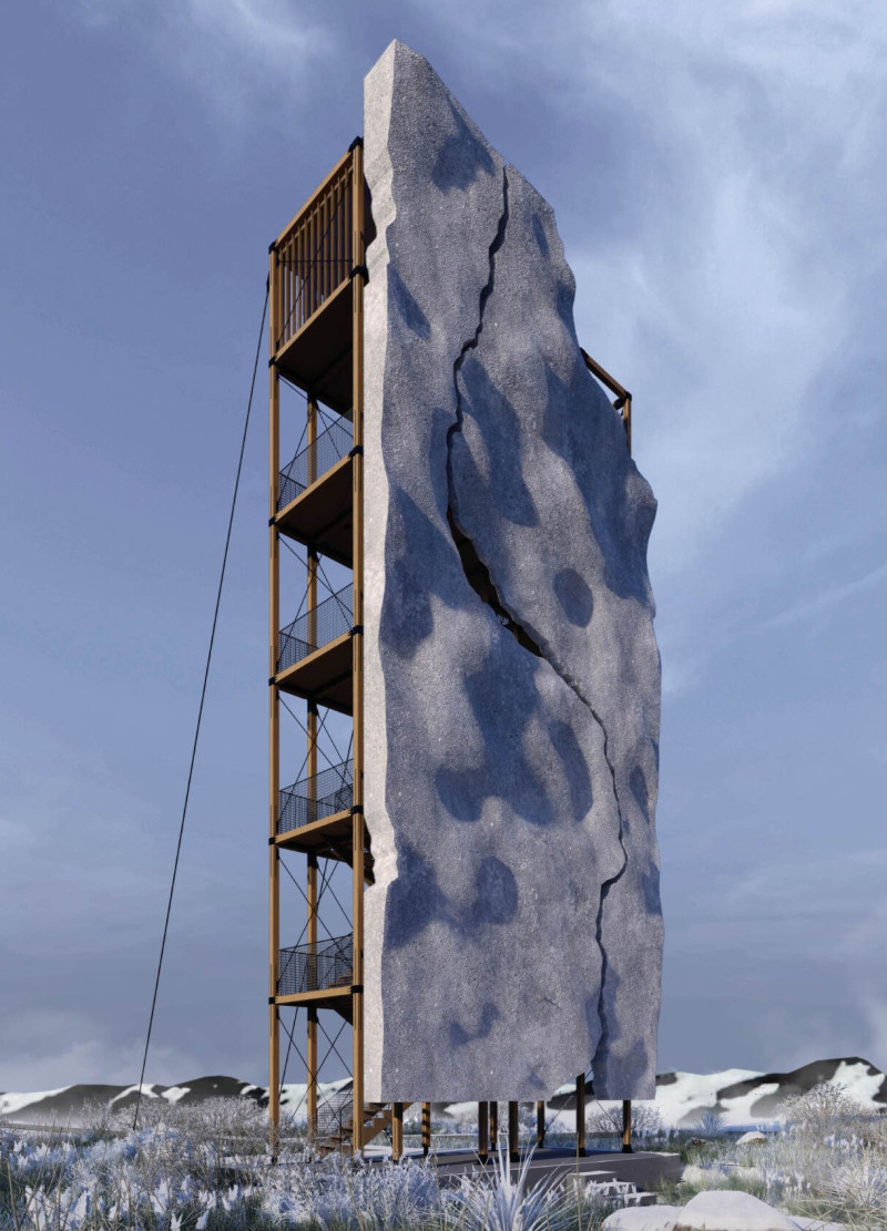 Fissured Concrete and Textured Timber Structure Harmonizing With Volcanic Terrain
