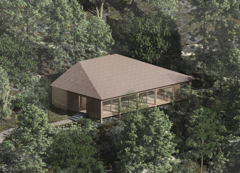 Rammed Earth Corridor Connecting a Tranquil Yoga Room with Forest Views  