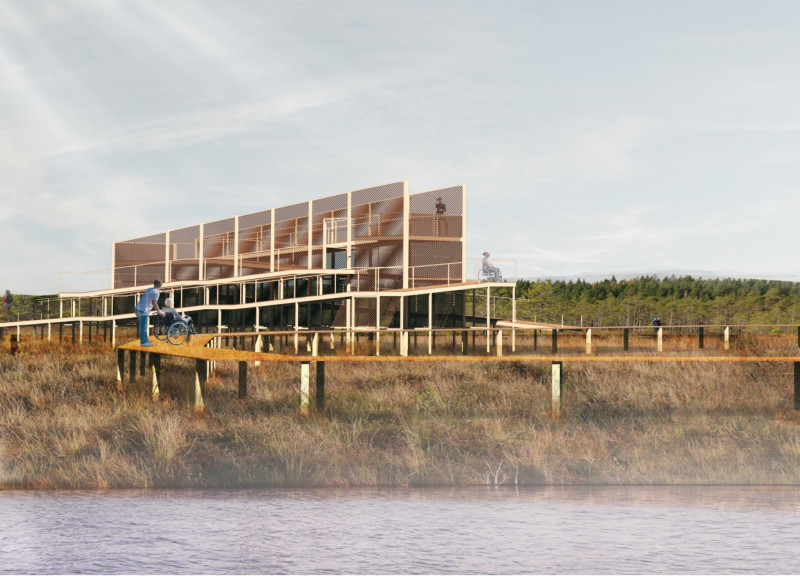 Timber Louvers Forming a Double Spiral Access Pathway Through Natural Landscapes  