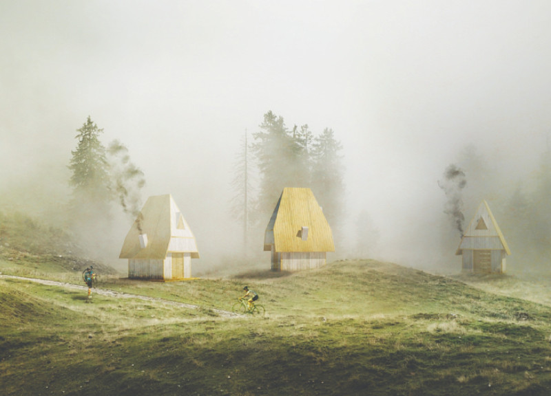 Charred Wooden Shingles and Prefabricated Timber Structures Enhancing Cycling Rest Stops  
