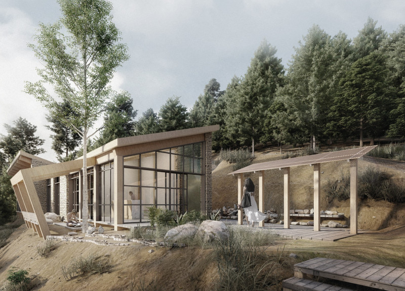 Natural Stone and Wood Harmony in a Tranquil Yoga Retreat  