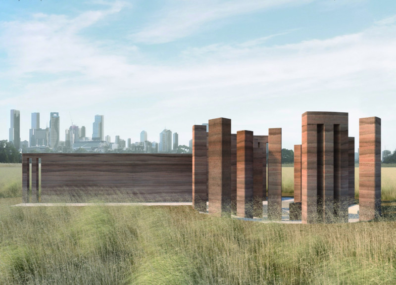 Exploring Natural Weathering Through Rammed Earth Columns in a Reflective Pavilion