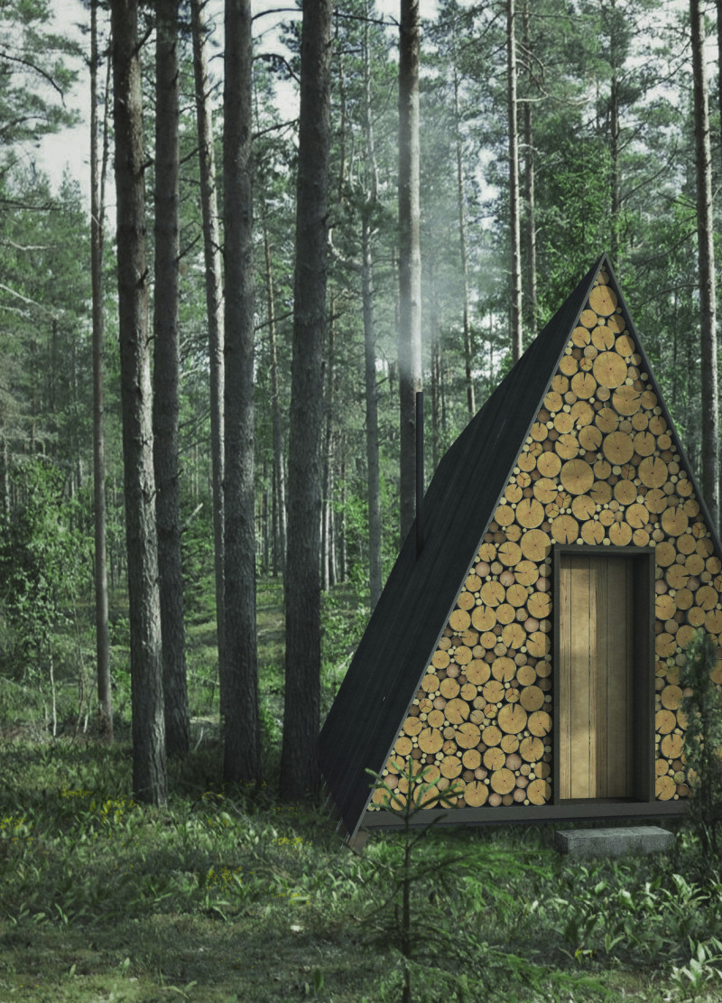 Triangular Retreat With Elevated Wood Frames in Serene Landscape