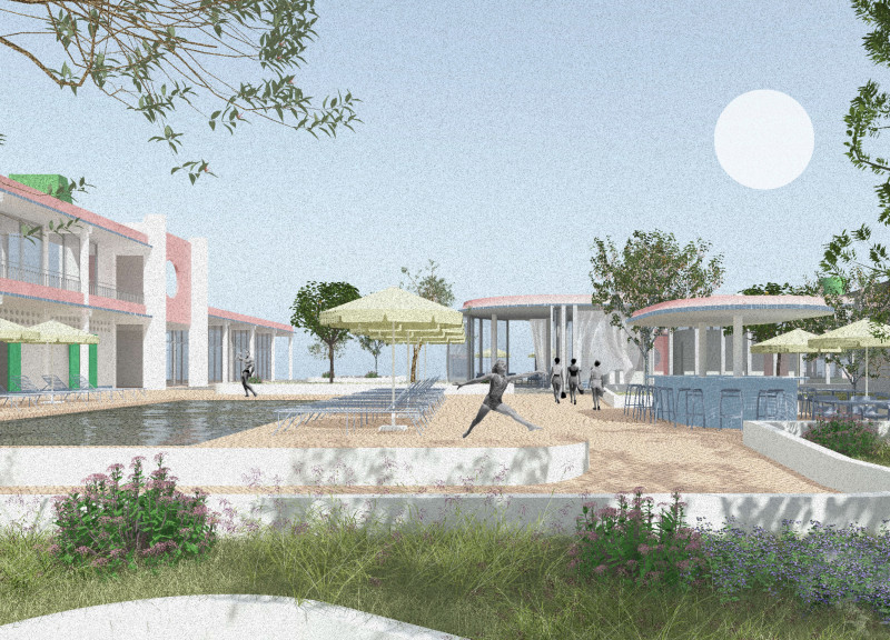 Rose Red Concrete and Dark Green Cores Enrich Community Spaces in Portugal  